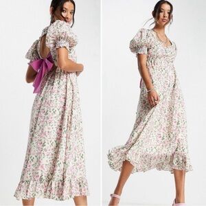 Sister Jane Garden Floral Pink Midi Dress Bow-Back Size S